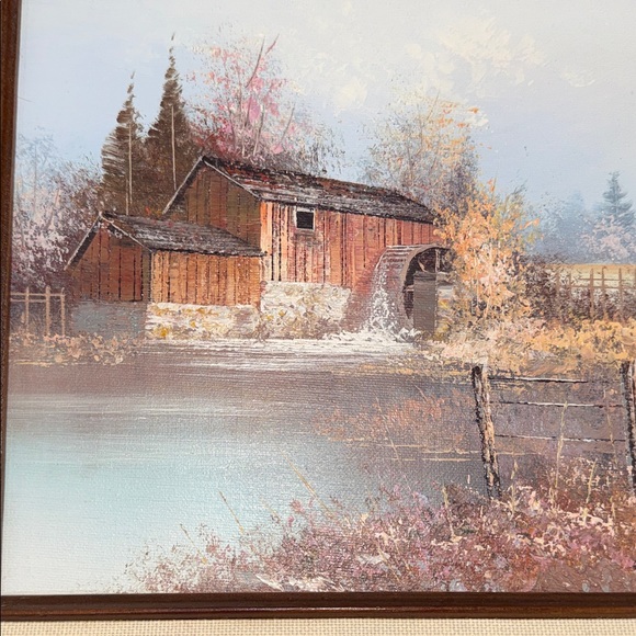 Rustic Barn Landscape Painting with Brown Frame - Picture 3 of 6